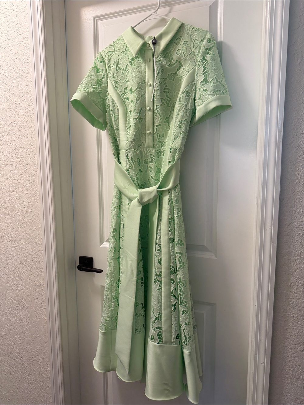 Badgley Mischka Mint Green Lace Midi Dress with Self-Tie Belt